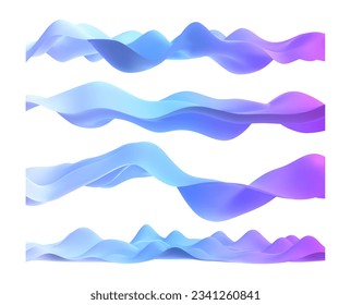 3 d conjunto de ondas de sonido vectoriales. Reproductor de audio. Tecnología de ecualizador de audio, musical de pulso. Representación realista del gradiente de curva de onda azul y rosa. Objeto abstracto aislado en un fondo blanco.