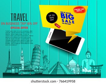 3D vector special offer on business travel business trip banner passport with tickets smartphone.Preparing for your journey. Outfit of modern traveler Top view