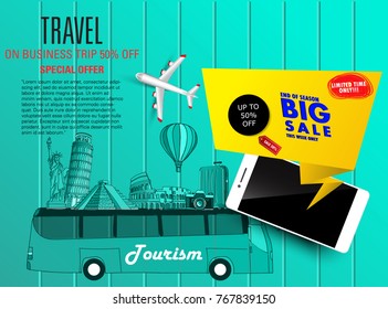 3D vector special offer on business travel business trip banner passport with tickets smartphone.Preparing for your journey. Outfit of modern traveler Top view