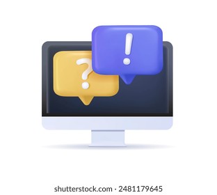 3D vector speech bubble with computer screen for online chat platform, online social conversation comment concept. Messenger, 3d speak. Emoji message, chat with social media. Vector 3D render