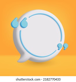 3D vector speech bubble isolated on orange background. 3D quote icon with blue frame and commas. Editable elements with realistic lighting. Eps10 vector