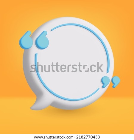 3D vector speech bubble isolated on orange background. 3D quote icon with blue frame and commas. Editable elements with realistic lighting. Eps10 vector
