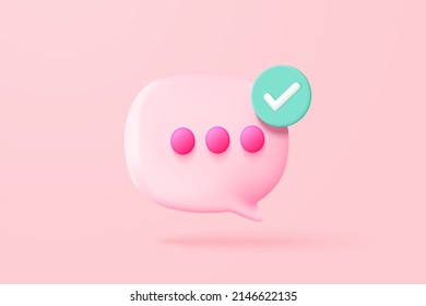 3D vector speech bubble with tick mark for photo gallery platform, online social conversation comment concept, emoji message, speech icons, chat with social media. 3d speak render vector illustration