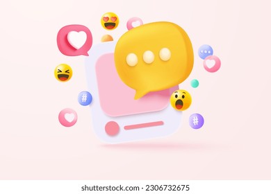 3D vector speech bubble with tick mark for photo gallery platform, online social media comment, emoji message 3d, speech icons, chat with social media. 3d speak bubble icon render vector illustration