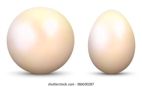 3D Vector Sphere and Egg - Side by Side - Geometrical Objects Textured with Pearl , Nacre Material. Spherical and Egg Shaped Item. Orb and Oval - Isolated on White Background - Each Form in Own Layer.