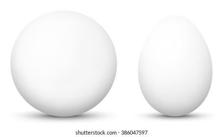 3D Vector Sphere and Egg - Side by Side - Geometrical Objects - White, Blank, Basic Surface. Spherical and Egg Shaped Item. Simple Orb and Oval - Isolated on White Background - Each Form in Own Layer.