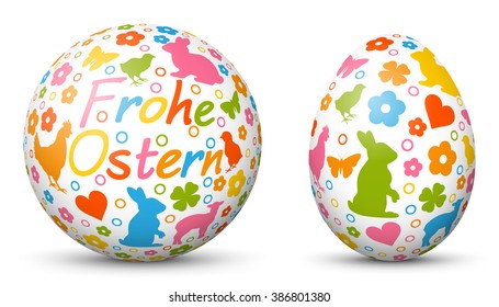3D Vector Sphere and Egg - Side by Side - Happy Easter - Geometrical Objects Textured with Easter Symbols. Spherical and Egg Shaped Item - Orb and Oval -  Each Form in Own Layer. In German Language.