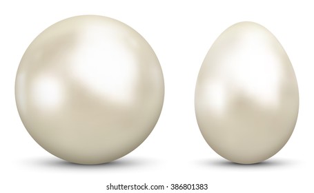 3D Vector Sphere and Egg - Side by Side - Geometrical Objects Textured with Pearl , Nacre Material. Spherical and Egg Shaped Item. Orb and Oval - Isolated on White Background - Each Form in Own Layer.