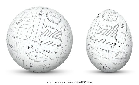 3D Vector Sphere and Egg - Side by Side - Geometrical Objects Textured with Mathematical Formulas. Spherical and Egg Shaped Item. Orb and Oval - Isolated on White Background - Each Form in Own Layer.