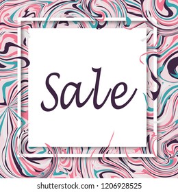 3d vector square frame. Paper cut promotion web banner for social media mobile apps. Sale promo backgrounds with abstract pattern. Blur marble background with abstract oil painted waves.