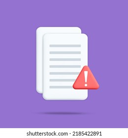 3d pila vectorial de hojas de papel con error de atención roja, ilustración de símbolo de alerta de seguridad. Documento con notificaciones importantes icono de mensajes de inserción de triángulo de peligro rojo aislado en fondo blanco