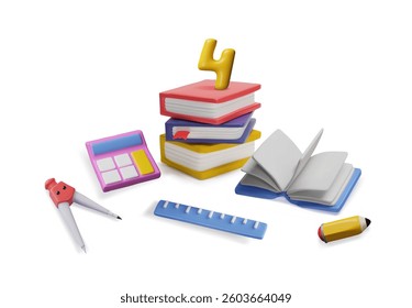 3d Vector stationery: book, calculator, notebook, ruler, pencil, compass, number 4. Mathematical tools. For educational topics. Cartoon style. Rendering. Isolated background.