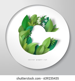 3d vector sticker with letter C. Decor of leaves. Paper art. 