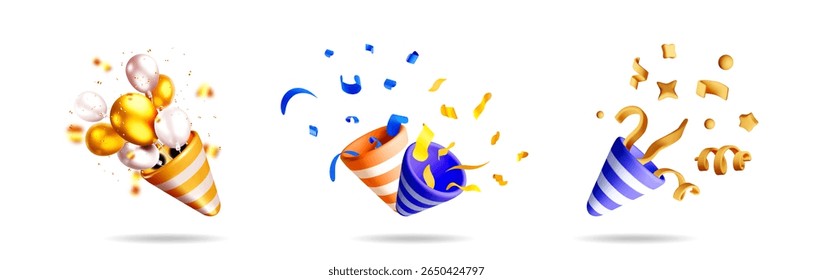 3d vector stock set of party poppers with balloons, confetti, and ribbons. Celebrate birthday, Christmas, New year.