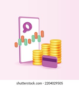 Gráfica de intercambio de acciones vectoriales 3D en el mercado de internet por teléfono en segundo plano. Vender y comprar un concepto mínimo de inversión en cartera de iconos financiar la inversión en criptografía empresarial