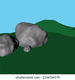 3D vector stone and garden. Vector Green garden and blue sky. Vector nature and 3D illustration work.