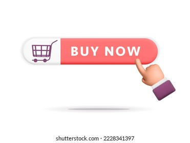 3d vector store cart symbol on red buy now button with man hand pointing and clicking it design. Cartoon render online shopping web element isolated on white background.