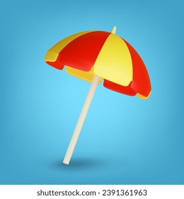 3d vector striped yellow and red umbrella. Illustration icon of sun umbrella for sunbathing on the beach.