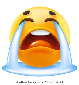 3d vector style design of funny sad cry with tear waterfall emoji for social media, Vector illustration of yellow color fun unhappy emoticon with flow of tear on white background