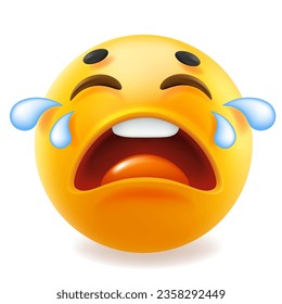 3d vector style design of funny sad cry with tear emoji for social media. Vector illustration of yellow color fun unhappy emoticon with tear on white background