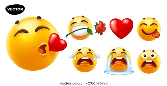 3d vector style design of funny set of emoji with toungue, flower, heart, tear and smile. Vector cool collection of illustration of happy fun yellow color emoticon with different emotion