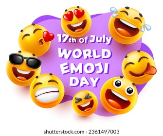3d vector style design of funny set of emoji with toungue, sunglasses, heart and smile. Vector cool illustration of happy fun yellow color emoticon with different emotion for world emoji day