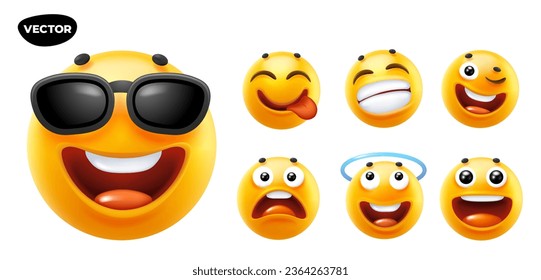 3d vector style design of funny set of emoji with sunglasses, nimbus, tongue and smile for social media. Vector cool collection of illustration of happy fun yellow color different emoticon