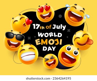 3d vector style design of funny set of emoji with heart, tongue, sunglasses and smile. Vector cool illustration of happy fun yellow color emoticon with different emotion for world emoji day