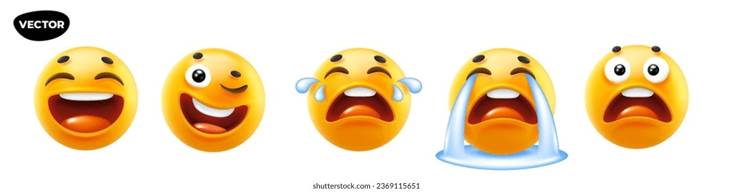 3d vector style design of funny set of emoji with tongue, sad tear and smile for social media. Vector cool collection of illustration of happy fun yellow color emoticon with different emotion