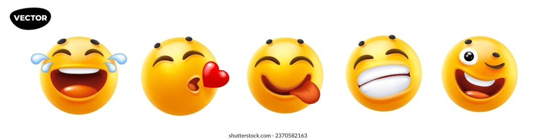 3d vector style design of funny set of emoji with tongue, kiss heart, tear and laugh smile for social media. Vector cool collection of illustration of happy fun yellow color emoticon with emotion