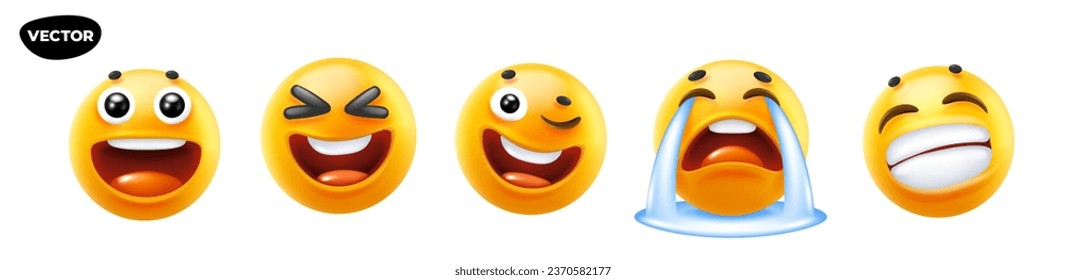 3d vector style design of funny set of emoji with tongue, sad tear and laugh smile for social media. Vector cool collection of illustration of happy fun yellow color emoticon with different emotion