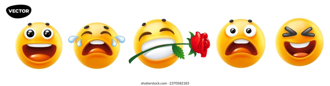 3d vector style design of funny set of emoji with tear, flower and smile for social media. Vector cool collection of illustration of happy fun yellow color emoticon with different emotion on white