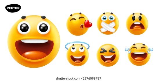 3D Vektordesign von lustigen Emoji mit Zunge, Halo, Träne, traurig und Lächeln. Vektorcoole Kollektion zur Illustration von fröhlichen, unterhaltsamen gelben Farbmotiven mit unterschiedlichen Emotionen auf Weiß