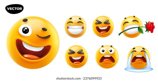 3d vector style design of funny set of emoji with tongue, sad tear, flower and laugh smile. Vector cool collection of illustration of happy fun yellow color emoticon with different emotion on white