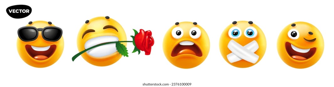 3d vector style design of funny set of emoji with sunglasses, flower, sad and smile for social media. Vector cool collection of illustration of happy fun yellow color emoticon with different emotion