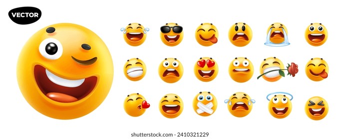 3d vector style design of funny collection of emoji with smile, heart, tongue, sunglasses and tear. Vector large set of illustration of happy fun yellow color emoticon with different emotion