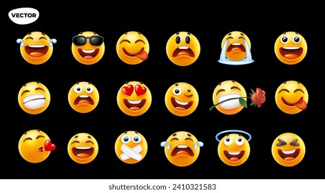 3d vector style design of funny collection of emoji with smile, heart, tongue, kiss and tear. Vector large set of illustration of happy fun yellow color emoticon with different emotion  for network