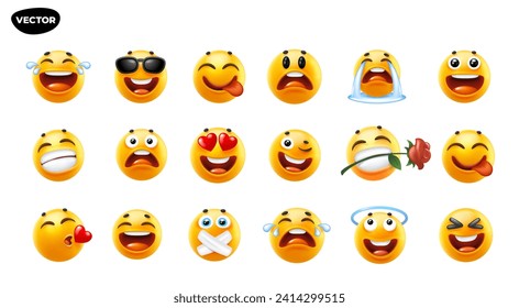 3d vector style design of funny collection of emoji with smile, tongue, kiss, heart and tear. Vector large set of illustration of happy fun yellow color emoticon with different emotion on white