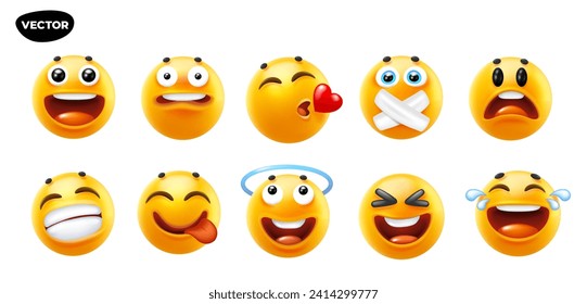 Diseño 3d de estilo vectorial de conjunto divertido de emojis con sonrisa, halo, corazón, lengua y triste lágrima. Colección vectorial cool de la ilustración del feliz emoticono de color amarillo con diferentes emociones en blanco