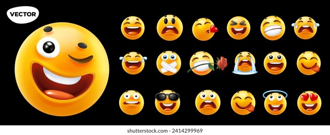 3d vector style design of funny collection of emoji with smile, tongue, sunglasses, heart and tear. Vector large set of illustration of happy fun yellow color emoticon with different emotion on black