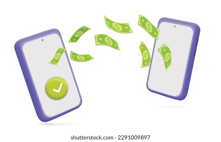 3d vector successful financial operation completed online money transfer via banking mobile app service on smartphone with tick symbol and flying dollar currency bills design