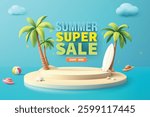 3D vector summer sale banner with a tropical beach scene. Podium, palm trees, surfboard, beach ball, and hat. Vibrant colors and playful design. Perfect for promotions.