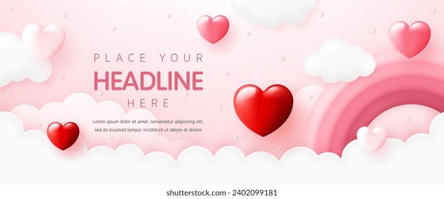 3D Vector with sweet heart shape and a rainbow in the pink sky background for Happy Valentine's day greeting card template, cute party, Women, Mother, Valentine sale banner, social media wallpaper