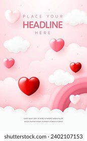 3D Vector with sweet heart shape and a rainbow in the pink sky background for Happy Valentine's day greeting card template, cute party, Women, Mother, Valentine sale banner, social media wallpaper