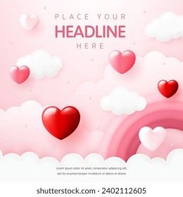 3D Vector with sweet heart shape and a rainbow in the pink sky background for Happy Valentine's day greeting card template, cute party, Women, Mother, Valentine sale banner, social media wallpaper