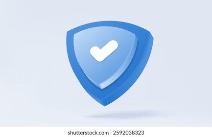 3D vector symbol icon Blue shield protection with checkmark correct  technology cybersecurity secure information antivirus, privacy personal security protect encryption online internet. illustration