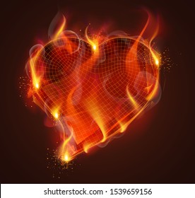 3d vector symbol on fire with smoke and sparks on a dark red background