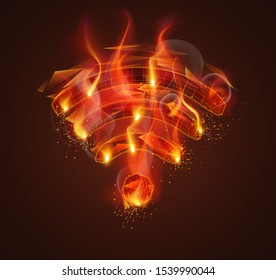 3d vector symbol on fire with smoke and sparks on a dark red background