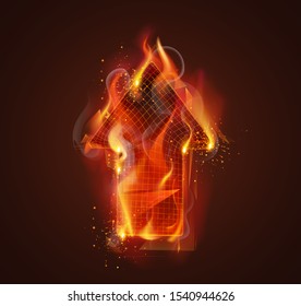 3d vector symbol on fire with smoke and sparks on a dark red background