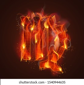 3d vector symbol on fire with smoke and sparks on a dark red background